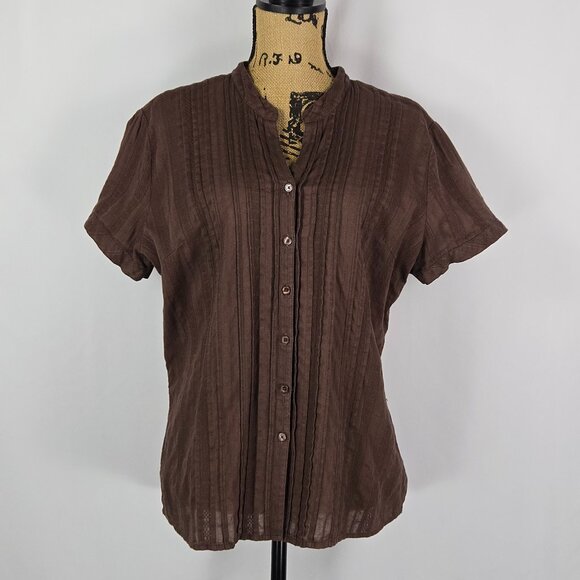Vintage St John’s Bay Brown Cotton Blouse XL Boho Pintuck Button Front Top - Picture 1 of 11